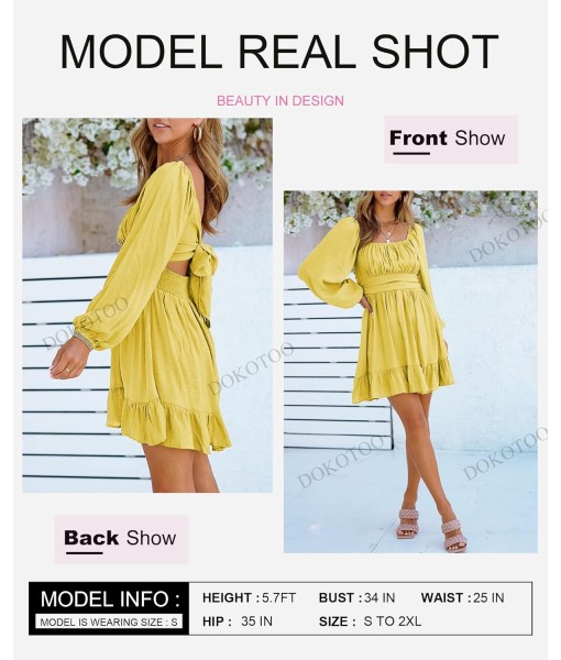 Dokotoo Womens Dress Long Lantern Sleeve Square Neck Tie Backless Sexy Dress Ruffle Elastic Waist A-Line Mini Dress