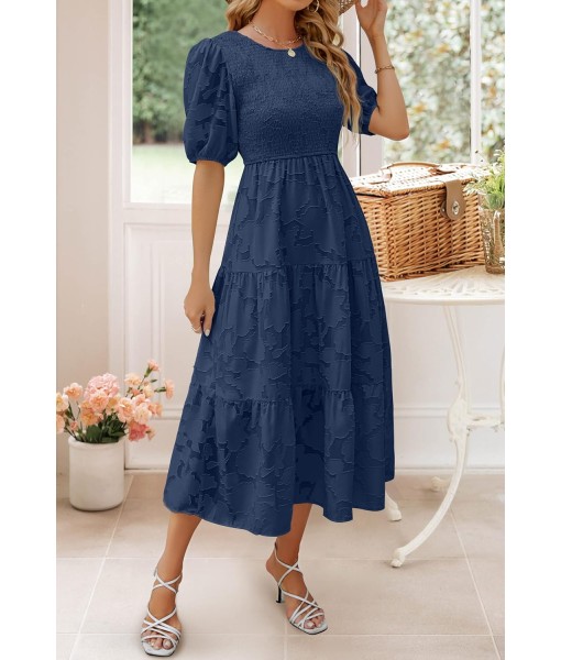 ZESICA Women's 2025 Summer Short Puff Sleeve Crewneck Smocked Floral Lace Flowy A Line Tiered Maxi Dresses