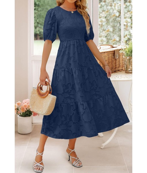 ZESICA Women's 2025 Summer Short Puff Sleeve Crewneck Smocked Floral Lace Flowy A Line Tiered Maxi Dresses