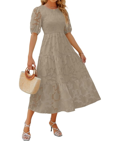 ZESICA Women's 2025 Summer Short Puff Sleeve Crewneck Smocked Floral Lace Flowy A Line Tiered Maxi Dresses