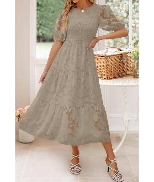 ZESICA Women's 2025 Summer Short Puff Sleeve Crewneck Smocked Floral Lace Flowy A Line Tiered Maxi Dresses