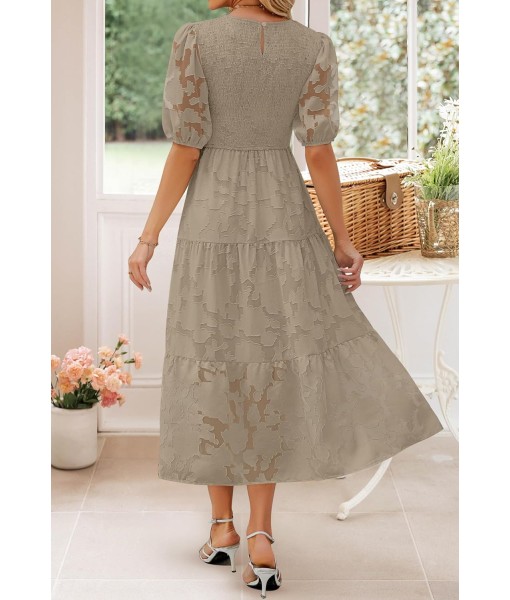 ZESICA Women's 2025 Summer Short Puff Sleeve Crewneck Smocked Floral Lace Flowy A Line Tiered Maxi Dresses