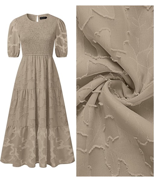 ZESICA Women's 2025 Summer Short Puff Sleeve Crewneck Smocked Floral Lace Flowy A Line Tiered Maxi Dresses