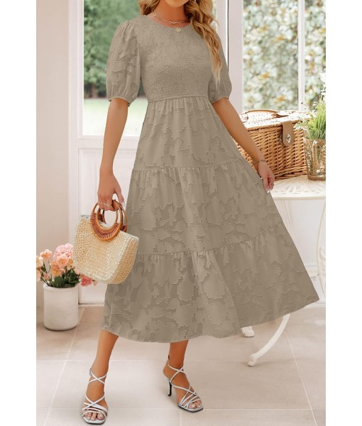 ZESICA Women's 2025 Summer Short Puff Sleeve Crewneck Smocked Floral Lace Flowy A Line Tiered Maxi Dresses