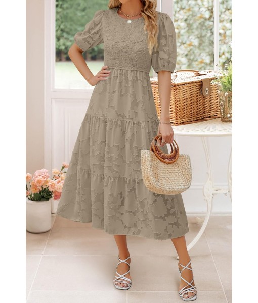 ZESICA Women's 2025 Summer Short Puff Sleeve Crewneck Smocked Floral Lace Flowy A Line Tiered Maxi Dresses
