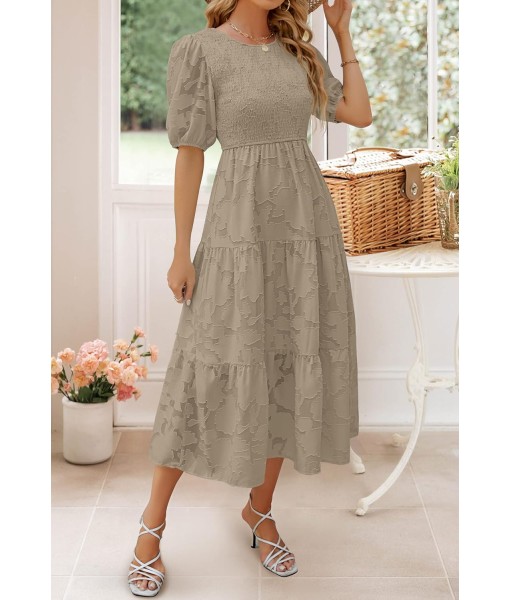 ZESICA Women's 2025 Summer Short Puff Sleeve Crewneck Smocked Floral Lace Flowy A Line Tiered Maxi Dresses