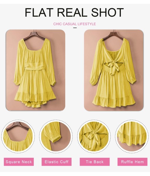 Dokotoo Womens Dress Long Lantern Sleeve Square Neck Tie Backless Sexy Dress Ruffle Elastic Waist A-Line Mini Dress