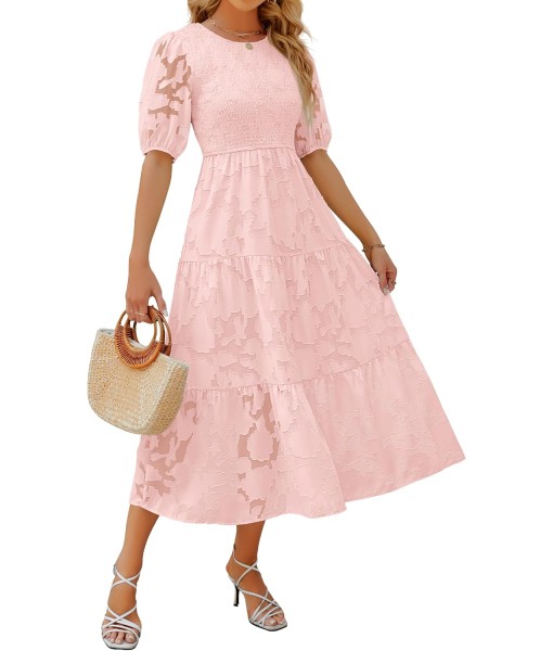 ZESICA Women's 2025 Summer Short Puff Sleeve Crewneck Smocked Floral Lace Flowy A Line Tiered Maxi Dresses
