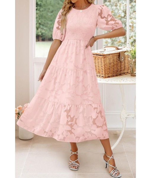 ZESICA Women's 2025 Summer Short Puff Sleeve Crewneck Smocked Floral Lace Flowy A Line Tiered Maxi Dresses