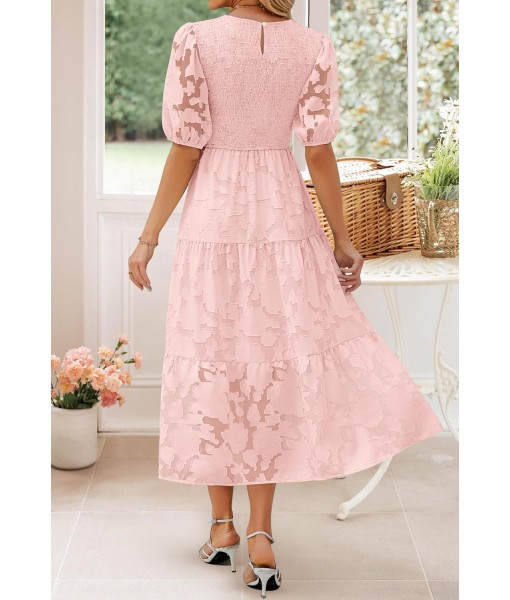 ZESICA Women's 2025 Summer Short Puff Sleeve Crewneck Smocked Floral Lace Flowy A Line Tiered Maxi Dresses