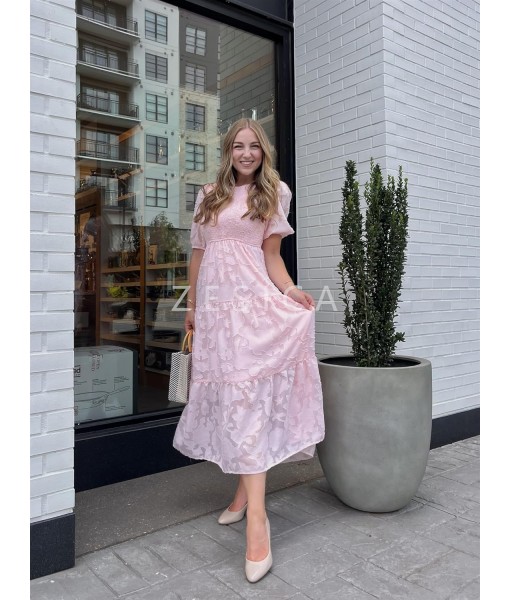ZESICA Women's 2025 Summer Short Puff Sleeve Crewneck Smocked Floral Lace Flowy A Line Tiered Maxi Dresses