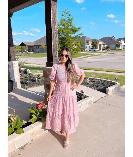 ZESICA Women's 2025 Summer Short Puff Sleeve Crewneck Smocked Floral Lace Flowy A Line Tiered Maxi Dresses