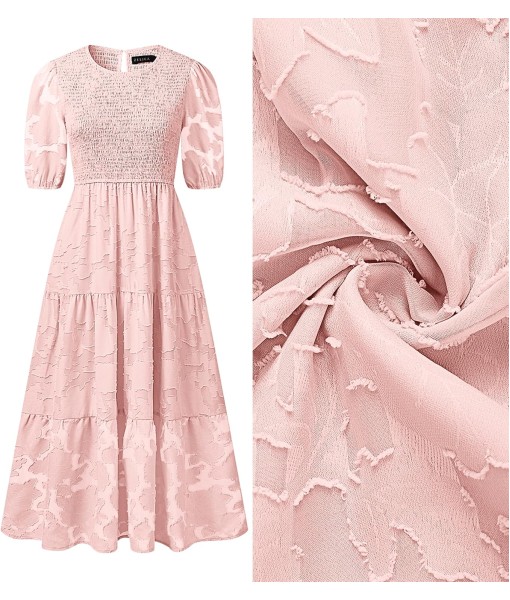 ZESICA Women's 2025 Summer Short Puff Sleeve Crewneck Smocked Floral Lace Flowy A Line Tiered Maxi Dresses