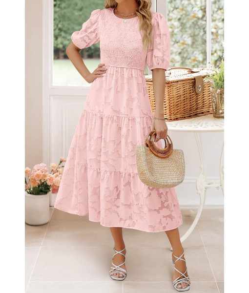 ZESICA Women's 2025 Summer Short Puff Sleeve Crewneck Smocked Floral Lace Flowy A Line Tiered Maxi Dresses
