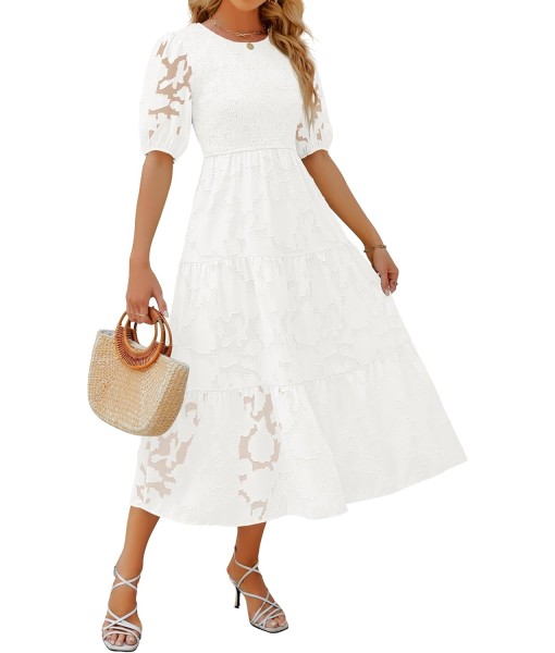ZESICA Women's 2025 Summer Short Puff Sleeve Crewneck Smocked Floral Lace Flowy A Line Tiered Maxi Dresses