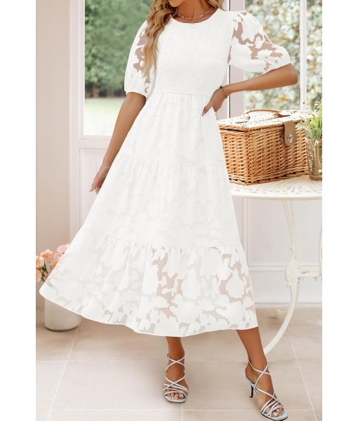 ZESICA Women's 2025 Summer Short Puff Sleeve Crewneck Smocked Floral Lace Flowy A Line Tiered Maxi Dresses