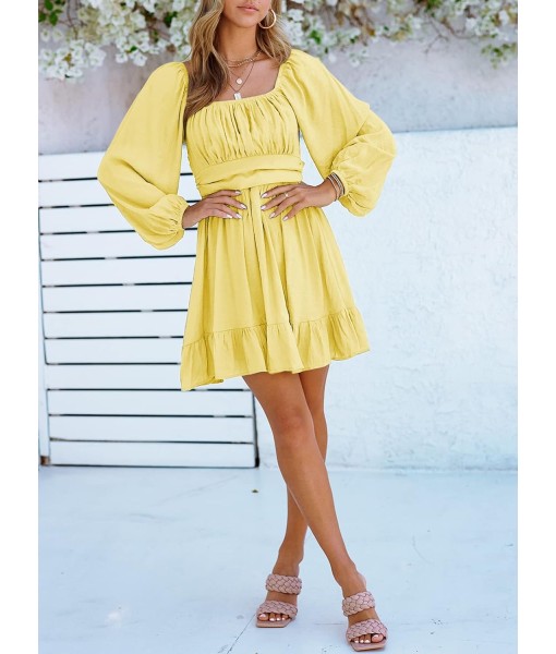 Dokotoo Womens Dress Long Lantern Sleeve Square Neck Tie Backless Sexy Dress Ruffle Elastic Waist A-Line Mini Dress