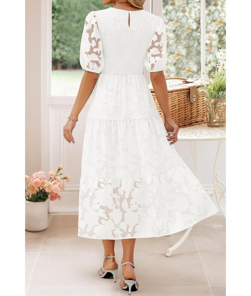 ZESICA Women's 2025 Summer Short Puff Sleeve Crewneck Smocked Floral Lace Flowy A Line Tiered Maxi Dresses