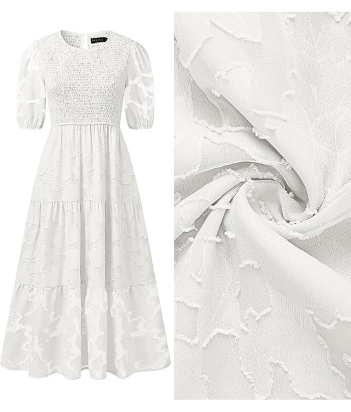 ZESICA Women's 2025 Summer Short Puff Sleeve Crewneck Smocked Floral Lace Flowy A Line Tiered Maxi Dresses