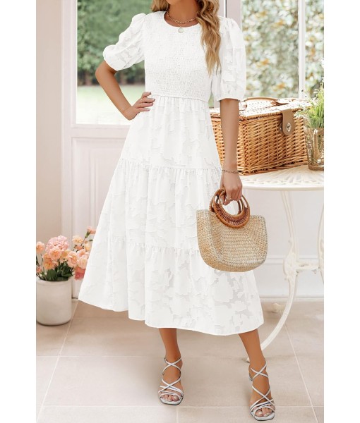 ZESICA Women's 2025 Summer Short Puff Sleeve Crewneck Smocked Floral Lace Flowy A Line Tiered Maxi Dresses