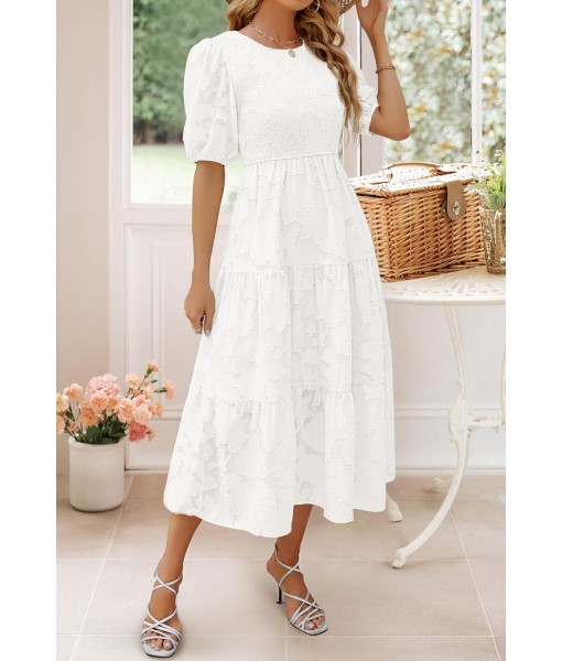 ZESICA Women's 2025 Summer Short Puff Sleeve Crewneck Smocked Floral Lace Flowy A Line Tiered Maxi Dresses