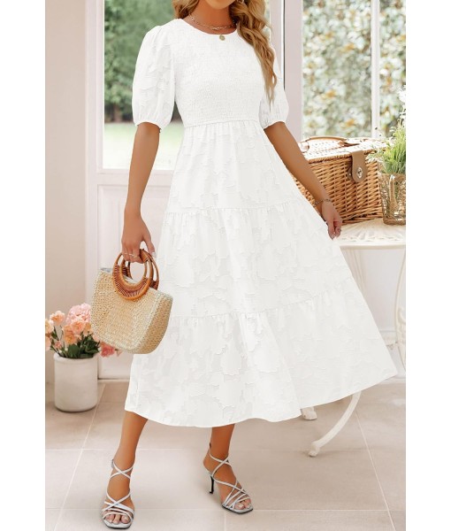 ZESICA Women's 2025 Summer Short Puff Sleeve Crewneck Smocked Floral Lace Flowy A Line Tiered Maxi Dresses