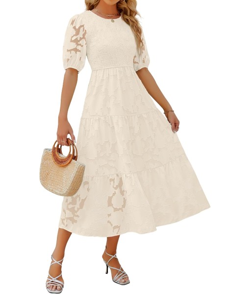ZESICA Women's 2025 Summer Short Puff Sleeve Crewneck Smocked Floral Lace Flowy A Line Tiered Maxi Dresses