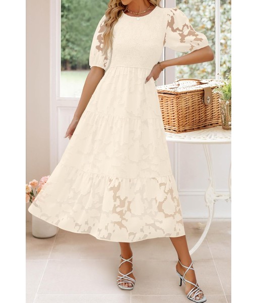 ZESICA Women's 2025 Summer Short Puff Sleeve Crewneck Smocked Floral Lace Flowy A Line Tiered Maxi Dresses