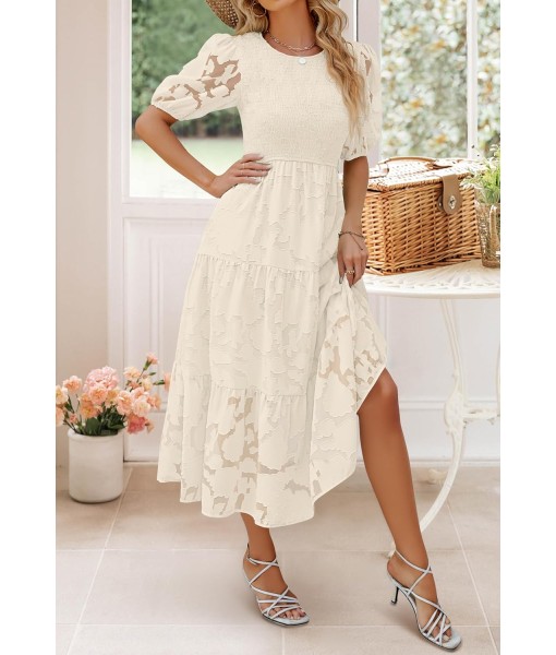 ZESICA Women's 2025 Summer Short Puff Sleeve Crewneck Smocked Floral Lace Flowy A Line Tiered Maxi Dresses