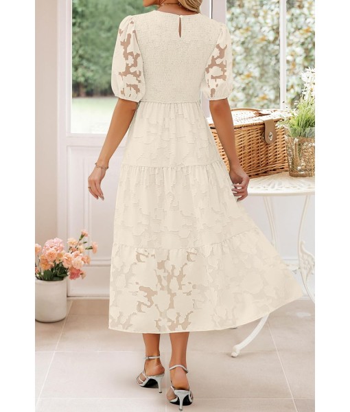 ZESICA Women's 2025 Summer Short Puff Sleeve Crewneck Smocked Floral Lace Flowy A Line Tiered Maxi Dresses