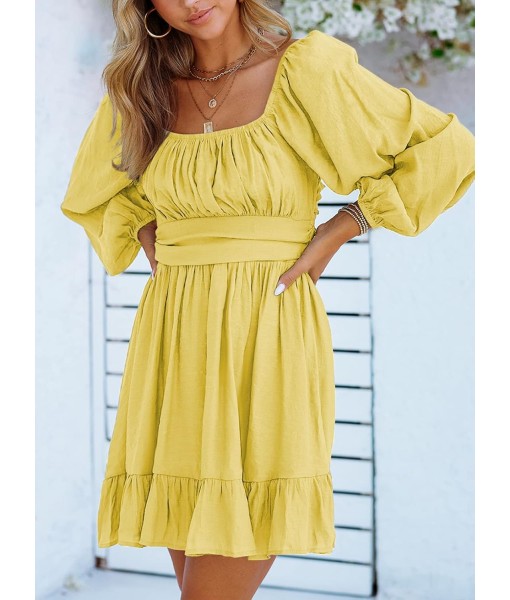 Dokotoo Womens Dress Long Lantern Sleeve Square Neck Tie Backless Sexy Dress Ruffle Elastic Waist A-Line Mini Dress