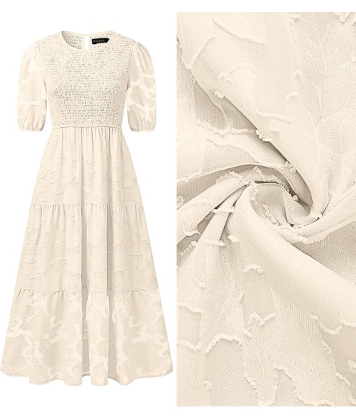 ZESICA Women's 2025 Summer Short Puff Sleeve Crewneck Smocked Floral Lace Flowy A Line Tiered Maxi Dresses