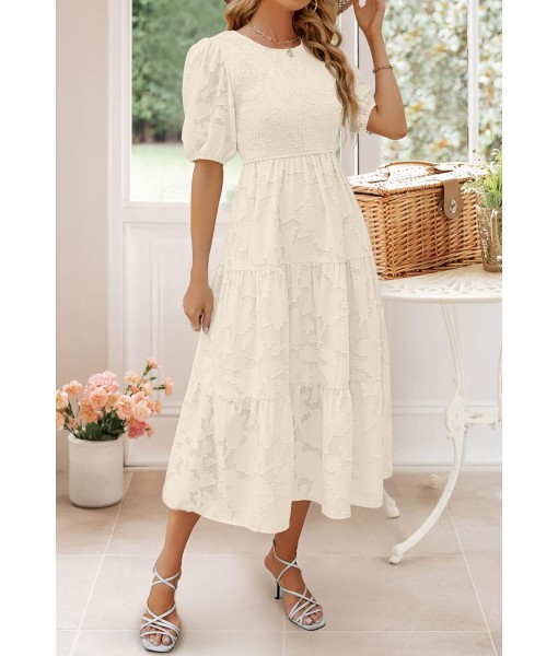 ZESICA Women's 2025 Summer Short Puff Sleeve Crewneck Smocked Floral Lace Flowy A Line Tiered Maxi Dresses