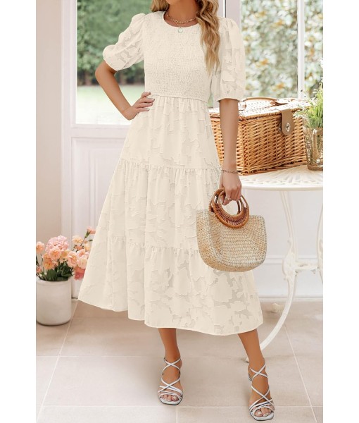 ZESICA Women's 2025 Summer Short Puff Sleeve Crewneck Smocked Floral Lace Flowy A Line Tiered Maxi Dresses