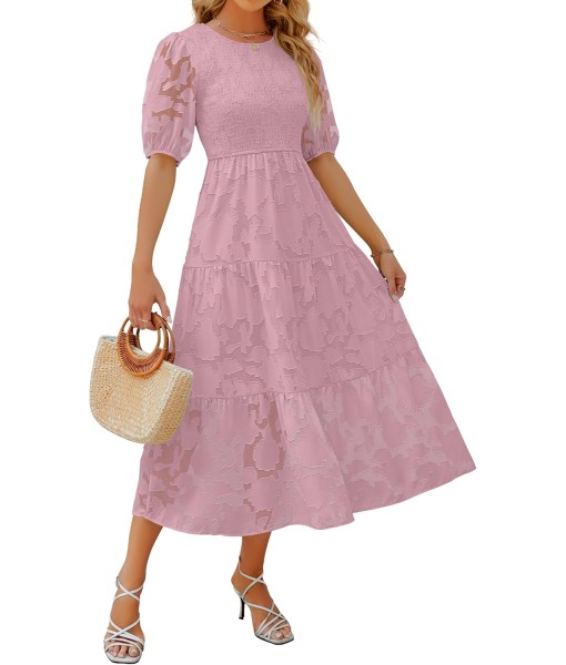 ZESICA Women's 2025 Summer Short Puff Sleeve Crewneck Smocked Floral Lace Flowy A Line Tiered Maxi Dresses