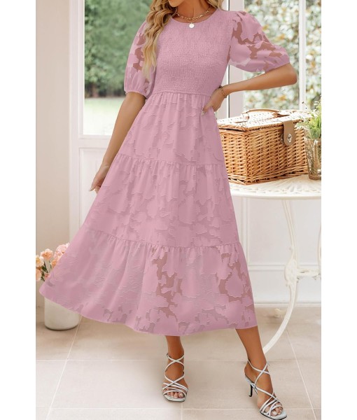 ZESICA Women's 2025 Summer Short Puff Sleeve Crewneck Smocked Floral Lace Flowy A Line Tiered Maxi Dresses