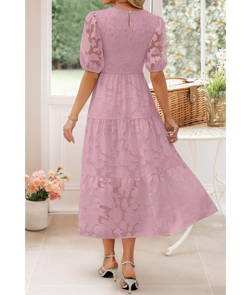 ZESICA Women's 2025 Summer Short Puff Sleeve Crewneck Smocked Floral Lace Flowy A Line Tiered Maxi Dresses