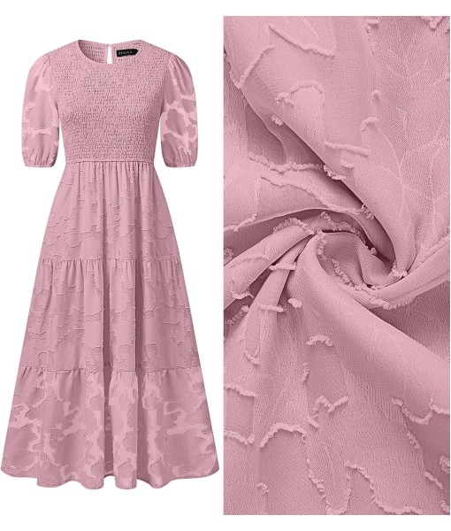 ZESICA Women's 2025 Summer Short Puff Sleeve Crewneck Smocked Floral Lace Flowy A Line Tiered Maxi Dresses