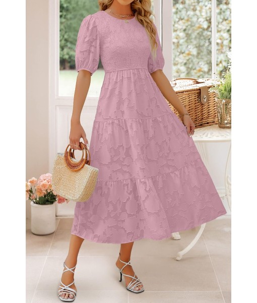 ZESICA Women's 2025 Summer Short Puff Sleeve Crewneck Smocked Floral Lace Flowy A Line Tiered Maxi Dresses