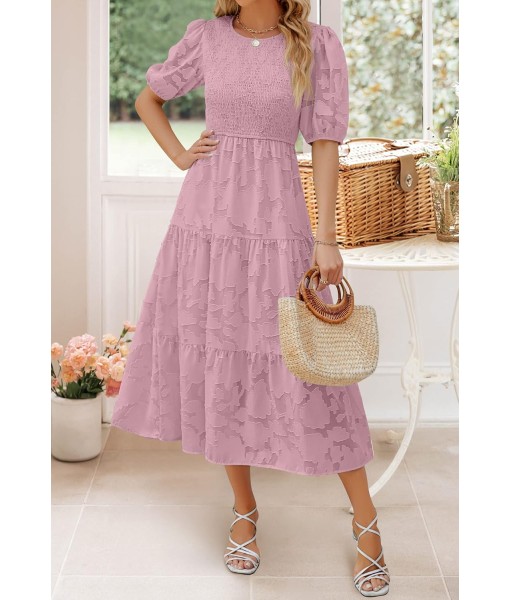 ZESICA Women's 2025 Summer Short Puff Sleeve Crewneck Smocked Floral Lace Flowy A Line Tiered Maxi Dresses