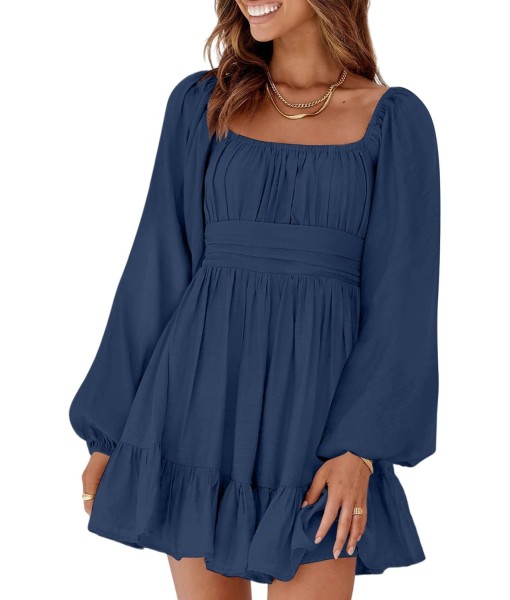Dokotoo Womens Dress Long Lantern Sleeve Square Neck Tie Backless Sexy Dress Ruffle Elastic Waist A-Line Mini Dress