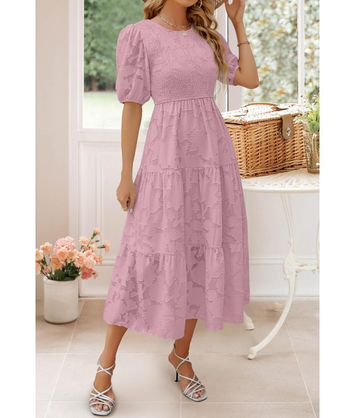 ZESICA Women's 2025 Summer Short Puff Sleeve Crewneck Smocked Floral Lace Flowy A Line Tiered Maxi Dresses