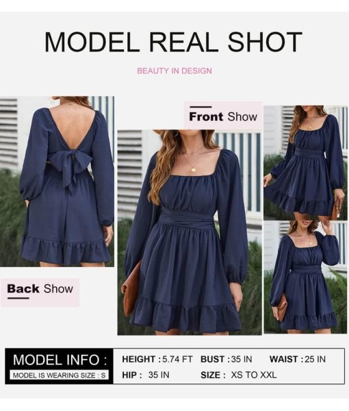 Dokotoo Womens Dress Long Lantern Sleeve Square Neck Tie Backless Sexy Dress Ruffle Elastic Waist A-Line Mini Dress