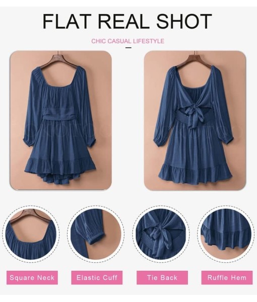 Dokotoo Womens Dress Long Lantern Sleeve Square Neck Tie Backless Sexy Dress Ruffle Elastic Waist A-Line Mini Dress