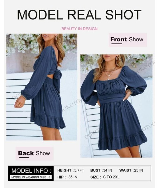 Dokotoo Womens Dress Long Lantern Sleeve Square Neck Tie Backless Sexy Dress Ruffle Elastic Waist A-Line Mini Dress