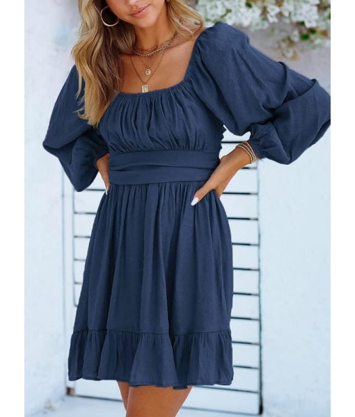Dokotoo Womens Dress Long Lantern Sleeve Square Neck Tie Backless Sexy Dress Ruffle Elastic Waist A-Line Mini Dress