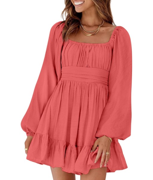 Dokotoo Womens Dress Long Lantern Sleeve Square Neck Tie Backless Sexy Dress Ruffle Elastic Waist A-Line Mini Dress