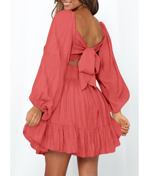 Dokotoo Womens Dress Long Lantern Sleeve Square Neck Tie Backless Sexy Dress Ruffle Elastic Waist A-Line Mini Dress