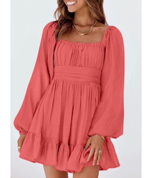 Dokotoo Womens Dress Long Lantern Sleeve Square Neck Tie Backless Sexy Dress Ruffle Elastic Waist A-Line Mini Dress