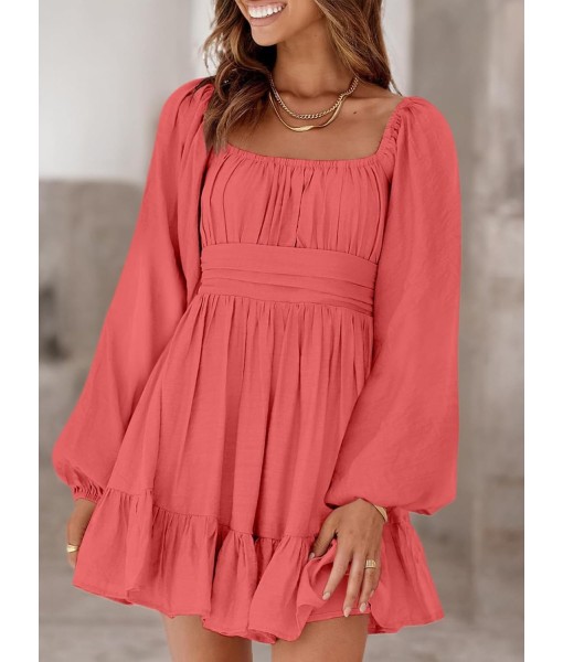 Dokotoo Womens Dress Long Lantern Sleeve Square Neck Tie Backless Sexy Dress Ruffle Elastic Waist A-Line Mini Dress